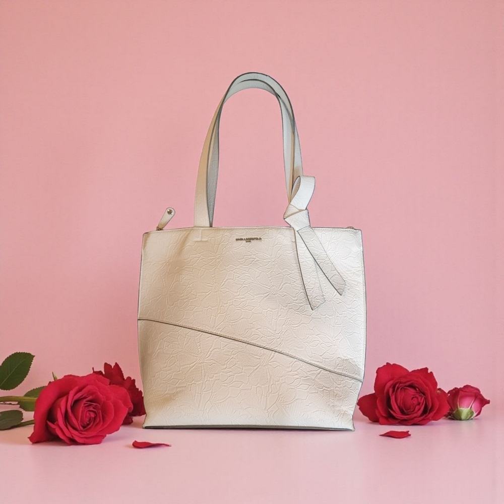 Karl Lagerfeld Chantelle Large White Beautiful Floral Embossed Tote Bag Elegant